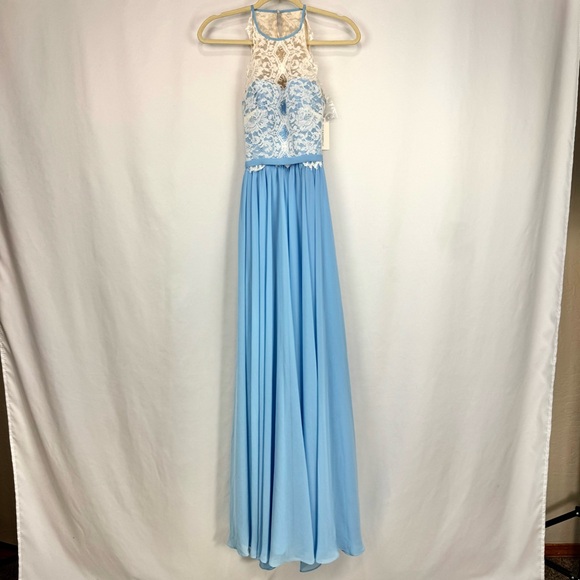 TULLE & CHANTILLY Sz 2 Blue Long Halter Lace Chiffon Bridesmaid Dress w/ Pockets - Picture 2 of 14